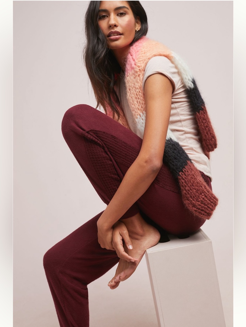 Saturday Sunday Anthropologie Burgundy Waffle Trim Jogger Lounge Pants Small